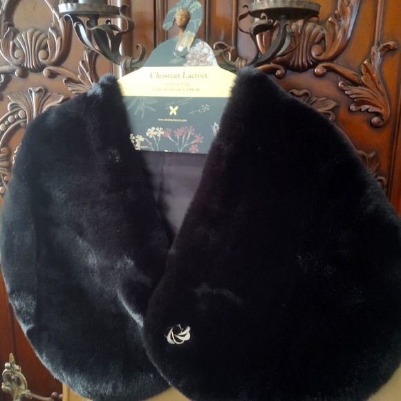 NWt Christian LaCroix Faux•Fur Stole~ Black◾ +Jewel✨Trimming~ - Picture 5 of 7